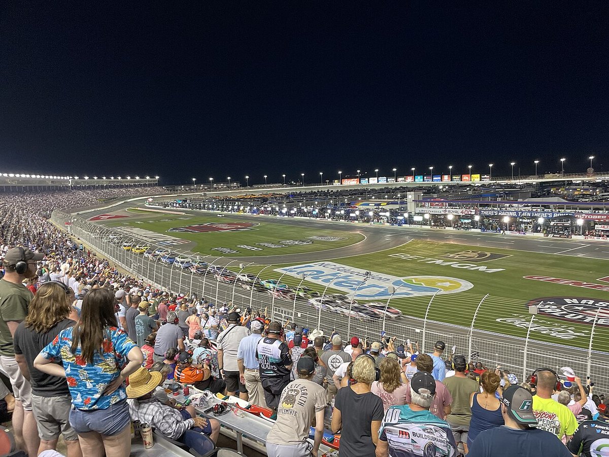 Charlotte Motor Speedway Kart Track — The 2024 Coca-Cola 600 at Charlotte Motor Speedway viewed from the frontstretch. Christopher Bell (#20) leads the field at the beginning of 