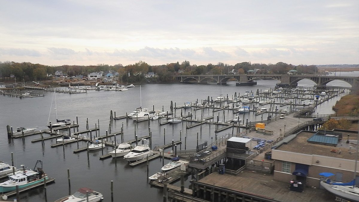 Housatonic River — Looking southeast from an eastbound bus on I-95 on a cloudy day.
