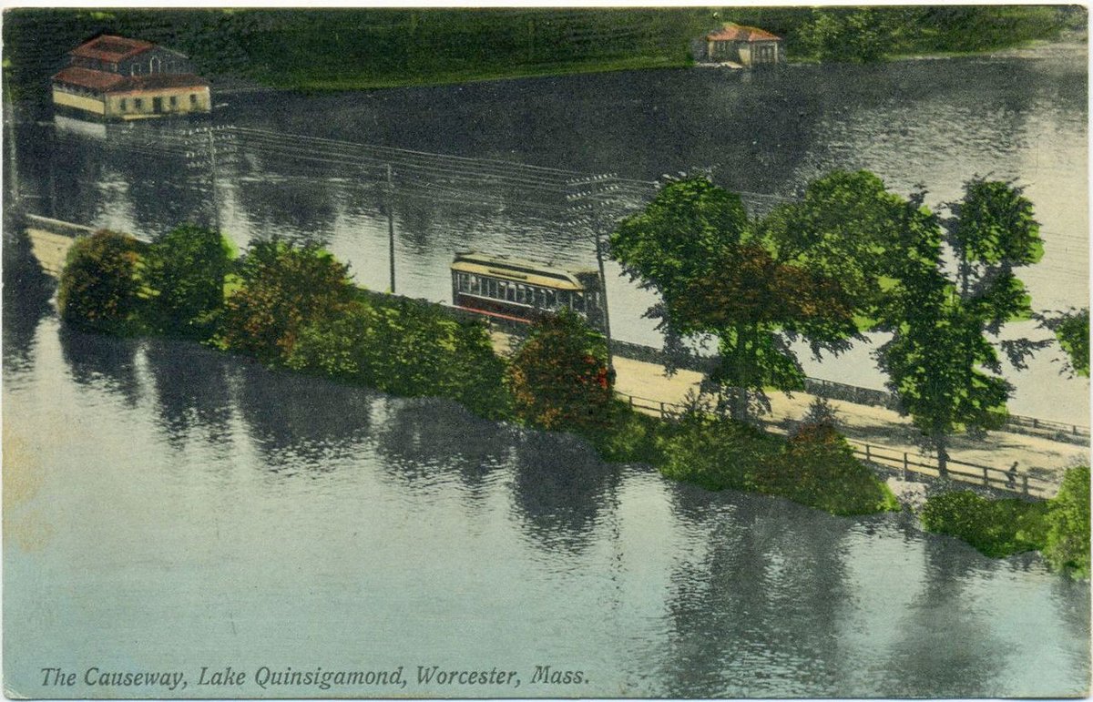 Lake Quinsigamond — Early divided back postcard of a Boston &amp; Worcester Street Railway trolley on the Lake Quinsigamond causeway, postmarked 1908